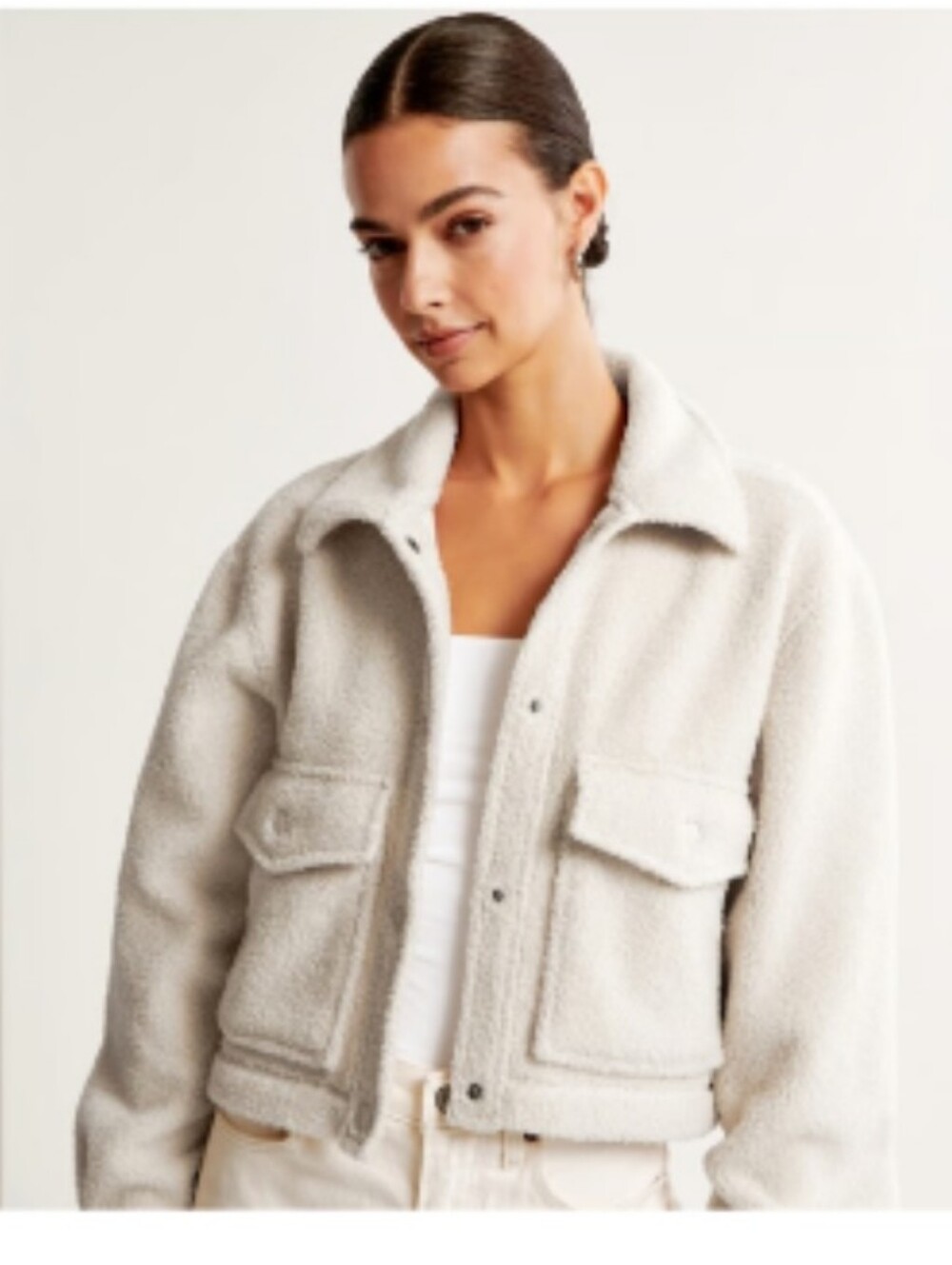 Abercrombie & Fitch Cropped Sherpa Shirt Jacket in Cream Size Small